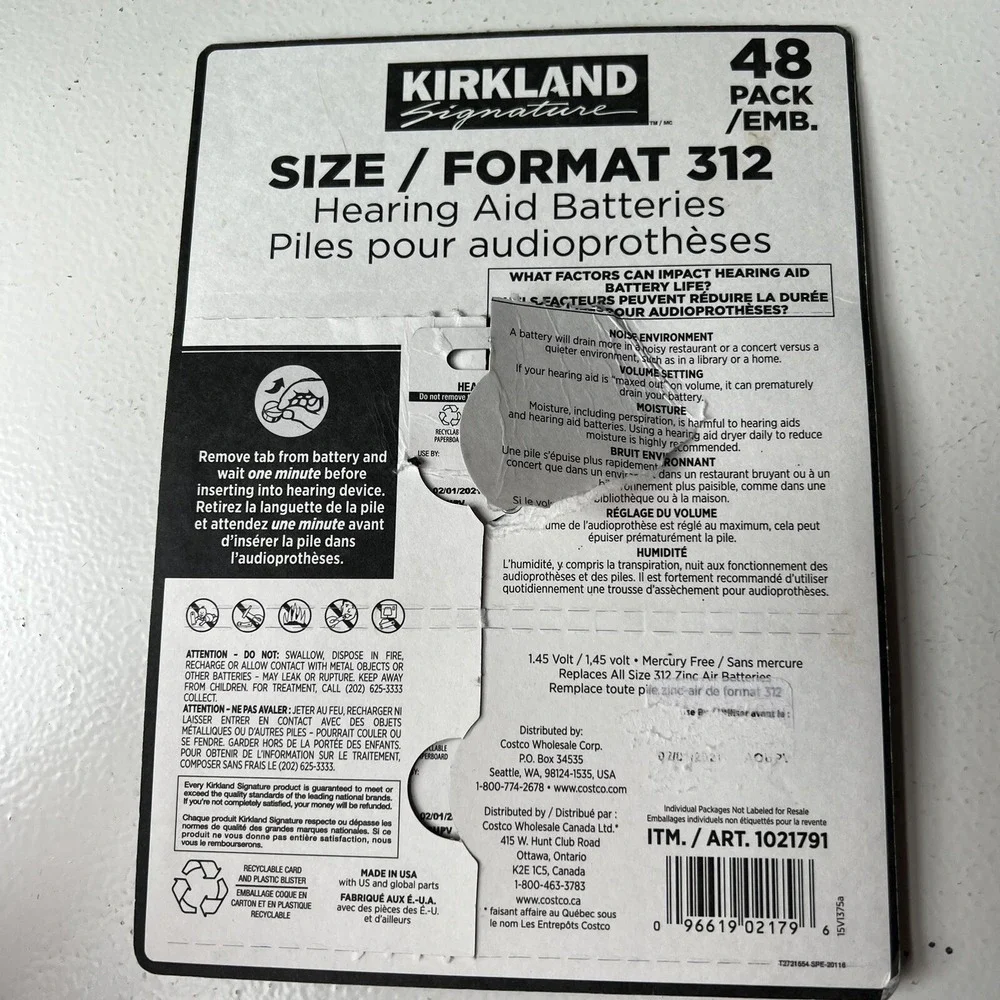 Kirkland Hearing Aid Batteries Sz 312 (Exp.5/27) Mercury Free 8 X 2 Packs= 16 ct